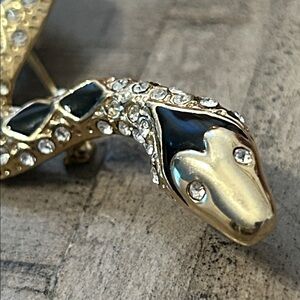 Gold Tone Snake Brooch with Enamel & Rhinestones Fashion Jewelry Pin
